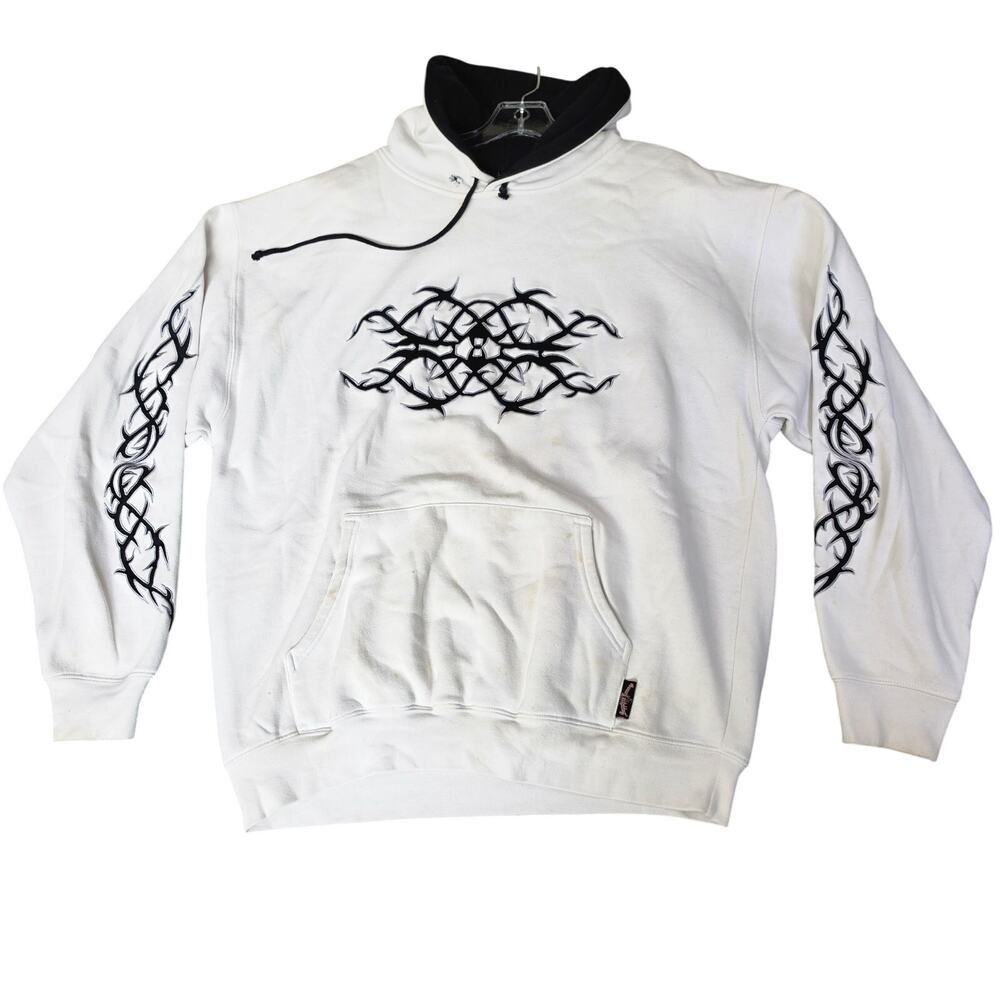 Vintage Sapphire Lounge Hoodie Mens XXL White Y2K Tribal Barbed Wire Sweatshirt